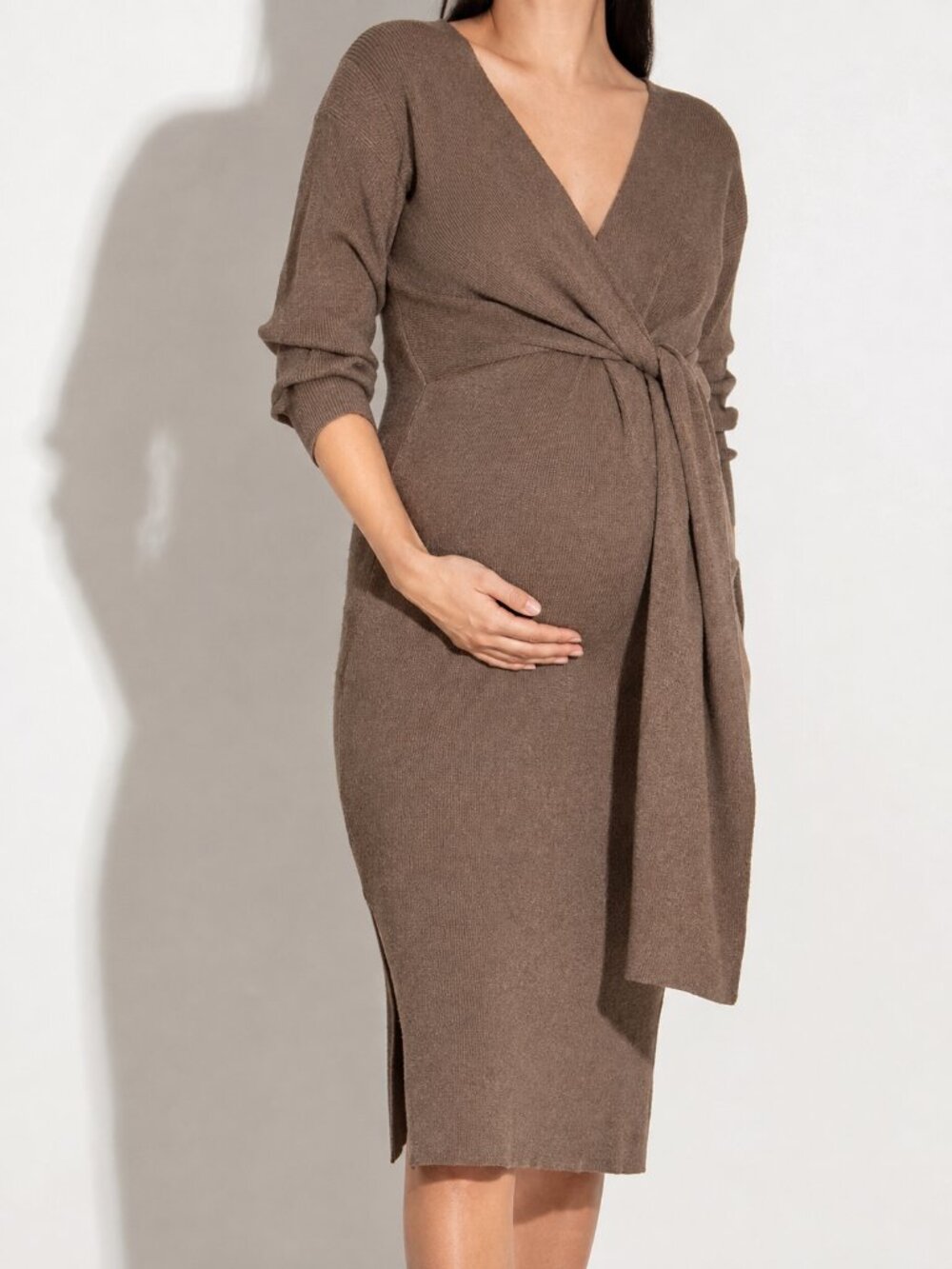 Nothing Fits But Maternity Brown Sweater Knit Midi Wrap Dress Bump Friendly